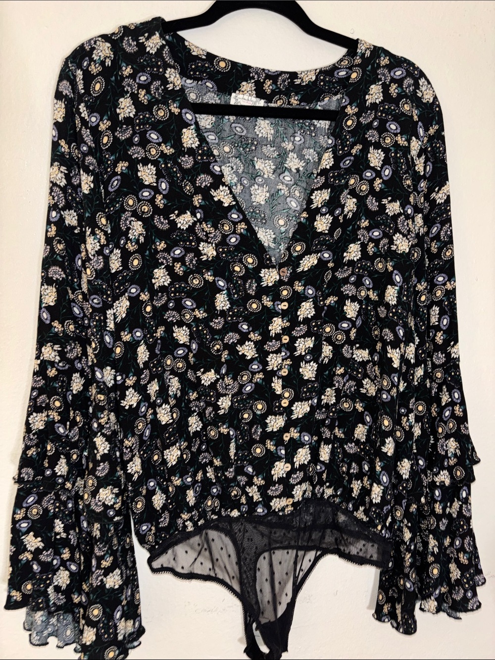 Free People Women's Black Floral V-Neck Blouse with Tie Front